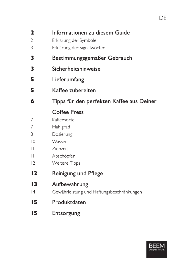Page 1 de la notice Manuel utilisateur BEEM French Press