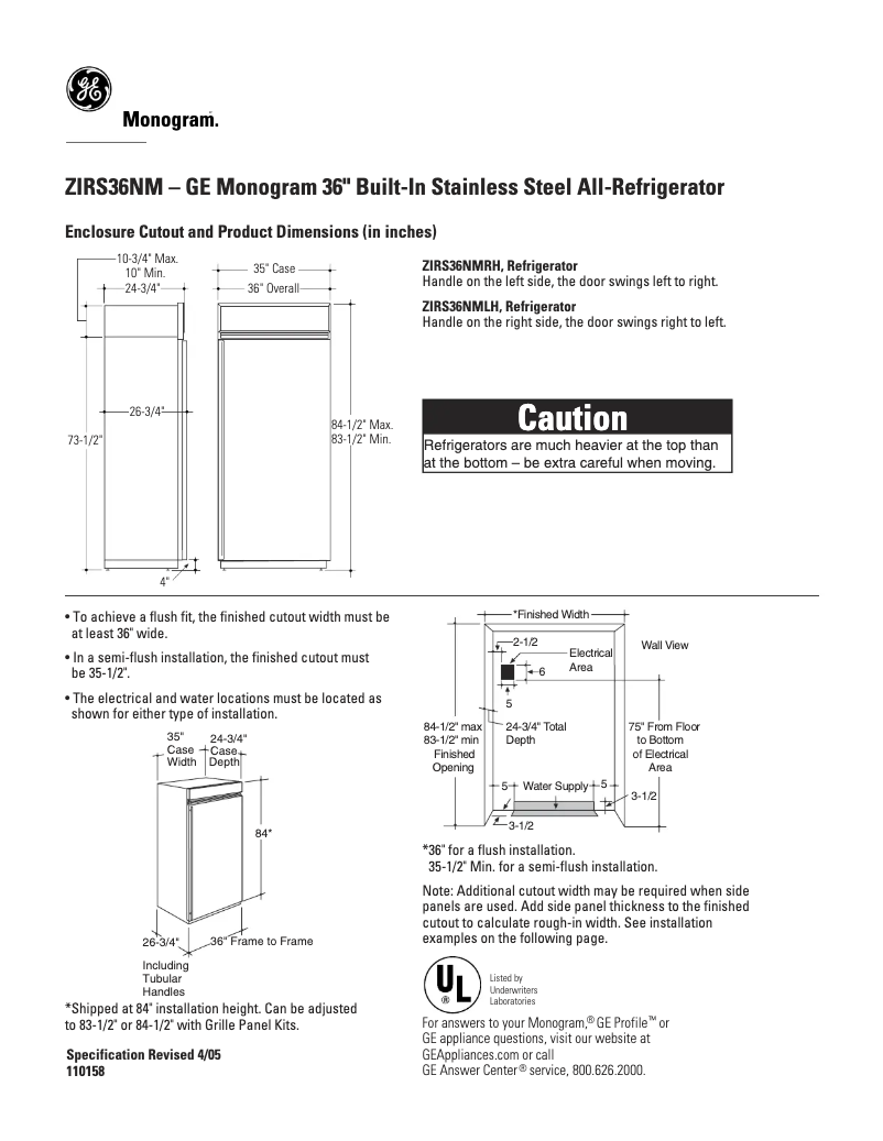 Page n°1 - Fiche technique GE ZIRS36NMRH