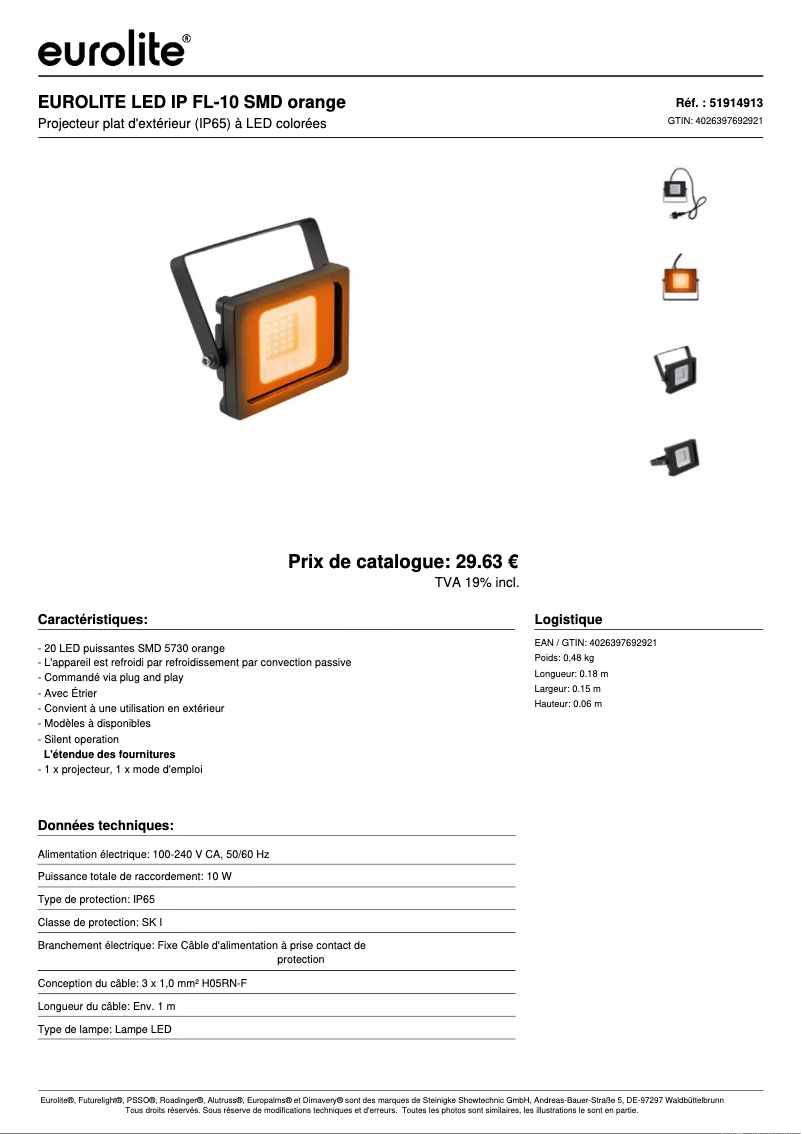 Page 1 de la notice Fiche technique Eurolite LED IP FL-10