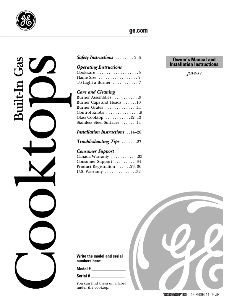 Page n°1 - Manuel d'utilisation et d'entretien GE JGP637SEJSS