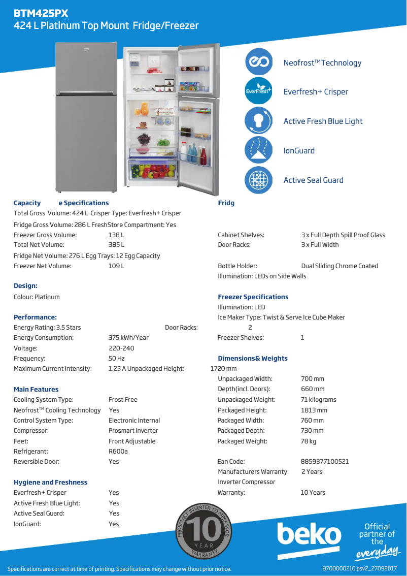 Page 1 de la notice Fiche technique Beko BTM425PX