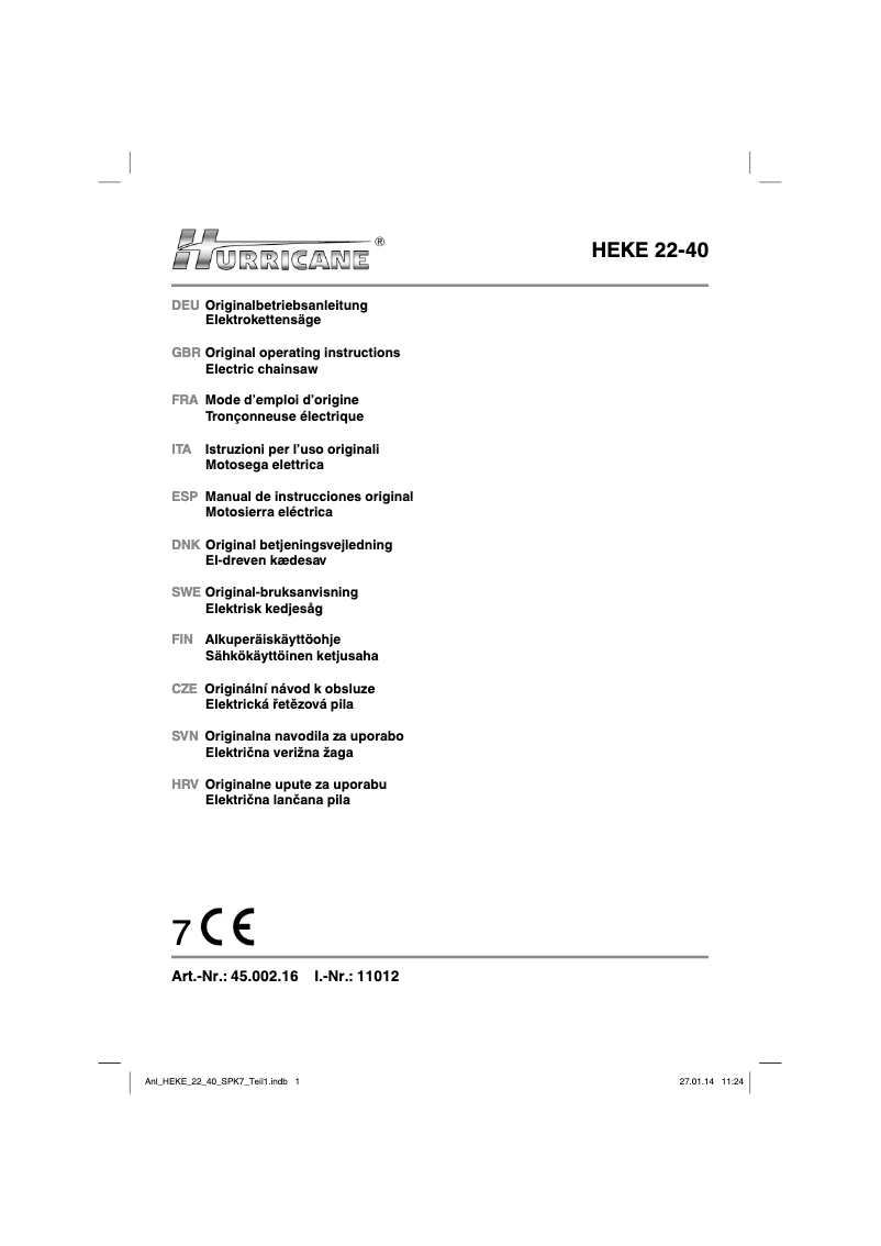 Page 1 de la notice Manuel utilisateur Hurricane HEKE 22-40