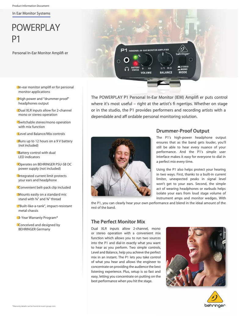 Página 1 del manual Ficha técnica Behringer Powerplay P1