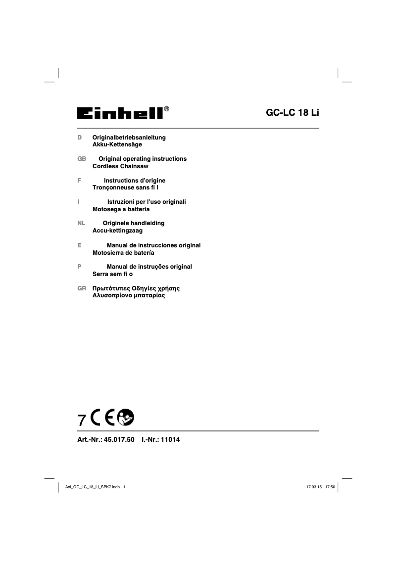 Page 1 de la notice Mode d'emploi Einhell GC-LC 18 LI