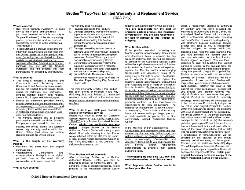 Page n°1 - Informations de garantie Brother MFC-J1170DW