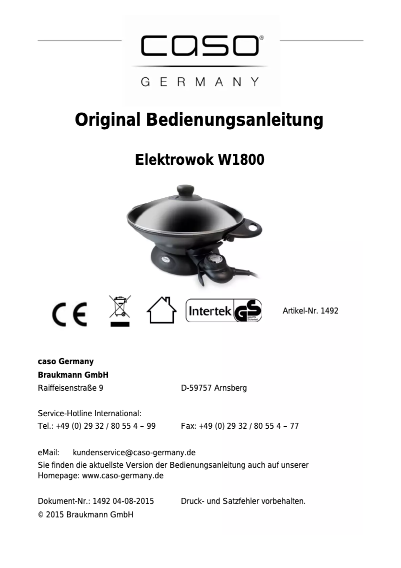 Page n°1 - Manuel utilisateur Caso W1800