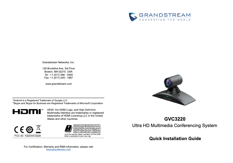 Page 1 de la notice Guide de démarrage rapide Grandstream GVC3220