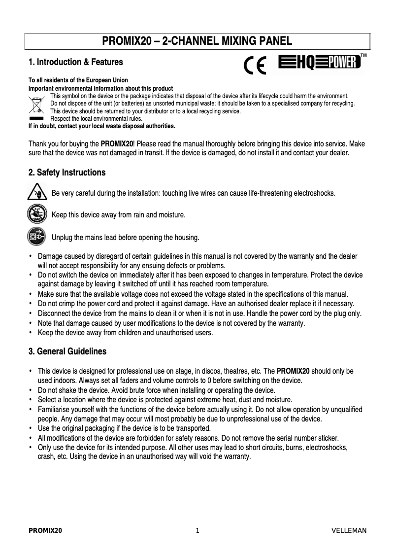 Page n°1 - Manuel utilisateur HQ Power PROMIX20