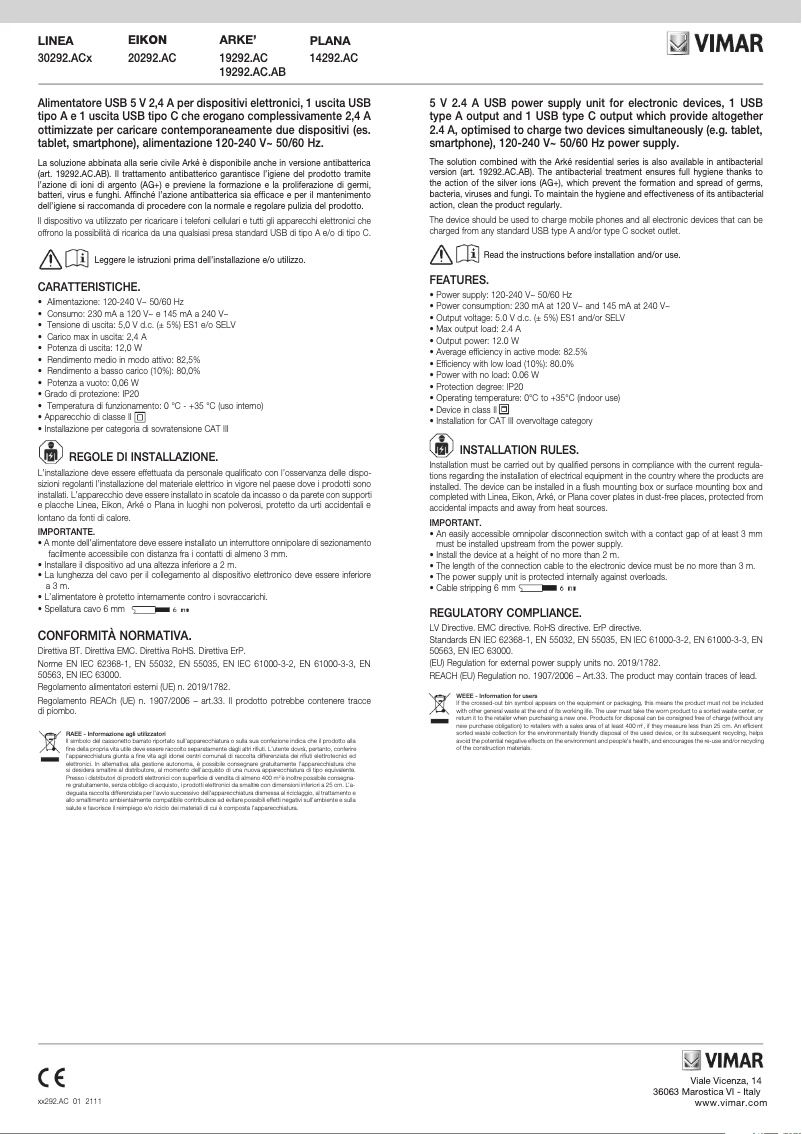 Page 1 de la notice Manuel utilisateur Vimar 30292.ACG