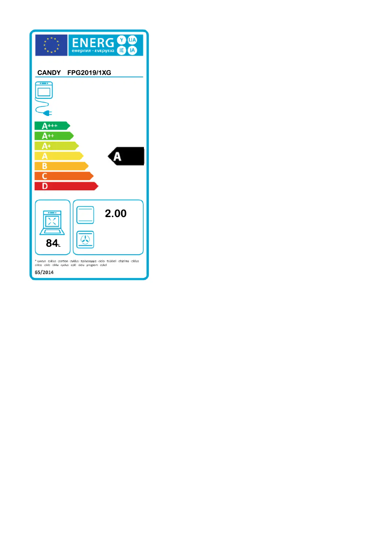 Page 1 de la notice Label énergétique Candy FPG2019/1XG