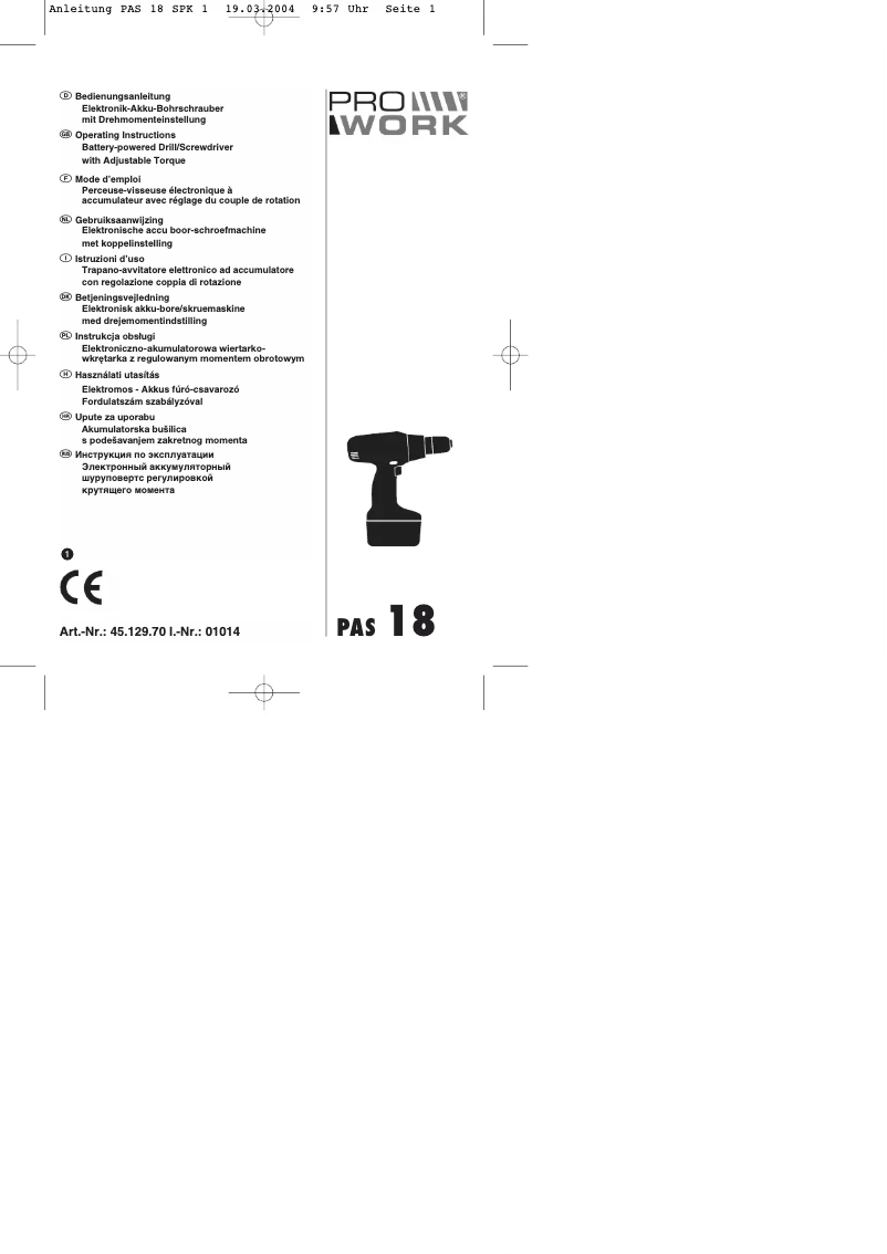 Page n°1 - Manuel utilisateur Prowork PAS 18