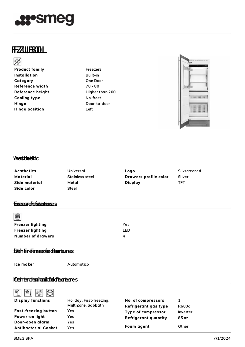 Page 1 de la notice Fiche technique Smeg FZU30L
