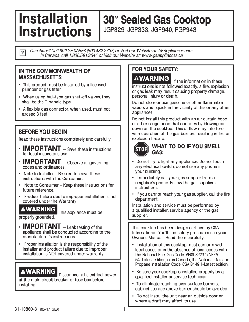 Page 1 of the manual Installation Guide GE JGP333DETWW