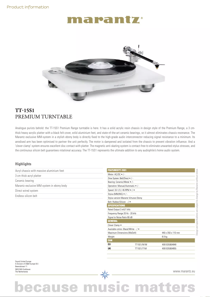 Page 1 de la notice Fiche technique Marantz TT-15S1