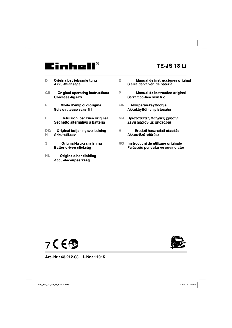 Page n°1 - Manuel utilisateur Einhell TE-JS 18