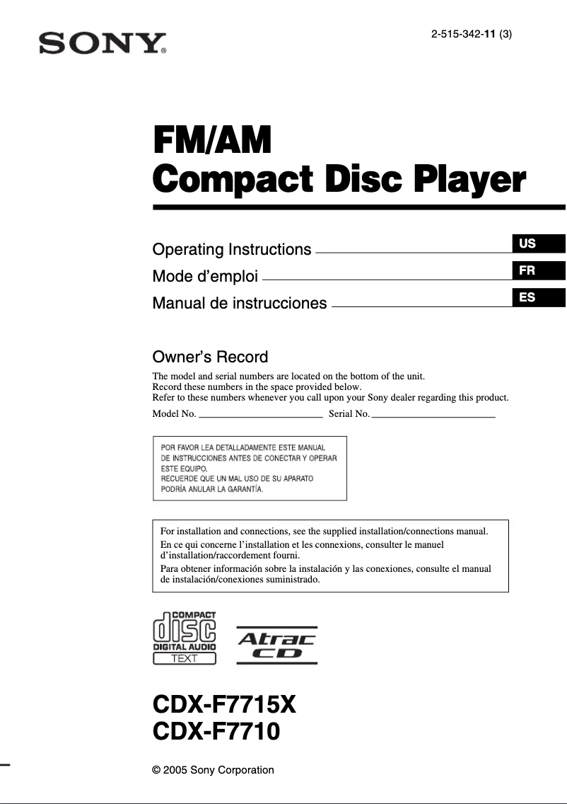 Page n°1 - Manuel utilisateur Sony CDX-F7715X