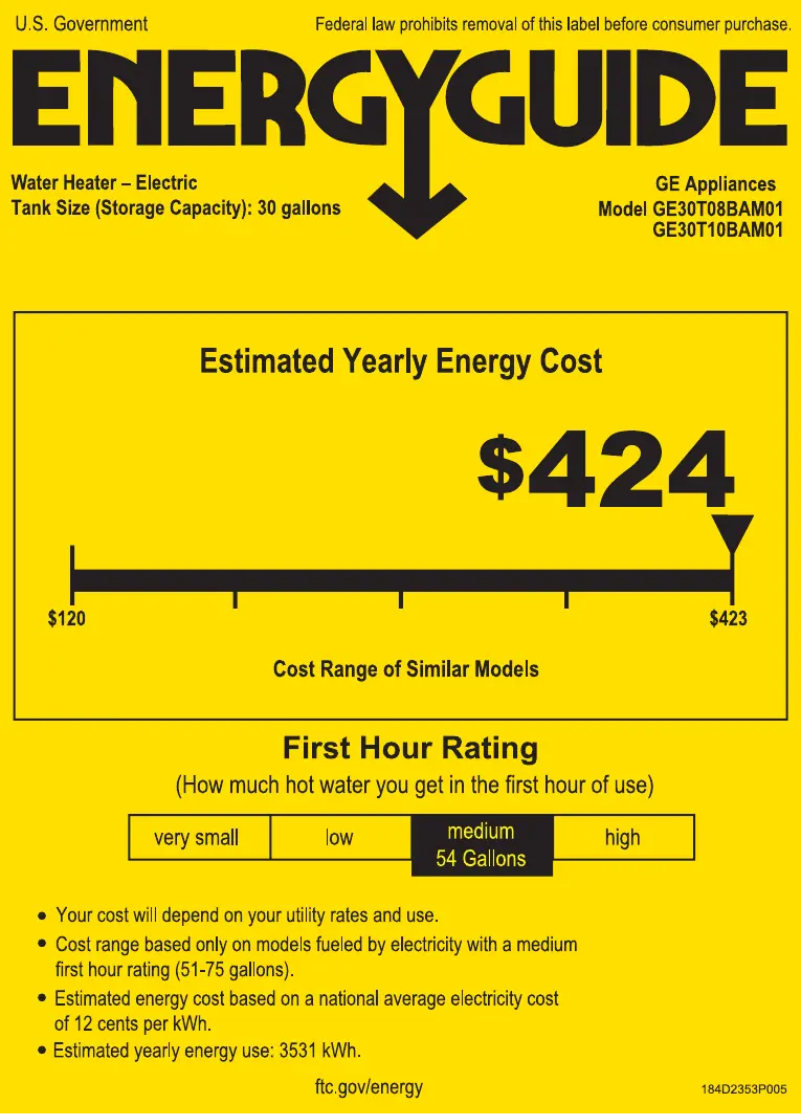 Page n°1 - Label énergétique GE GE30T10BAM