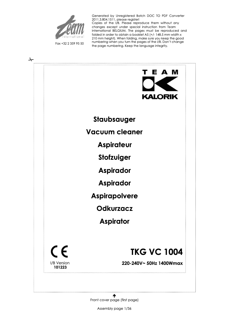 Page 1 de la notice Manuel utilisateur Kalorik TKG VC 1004