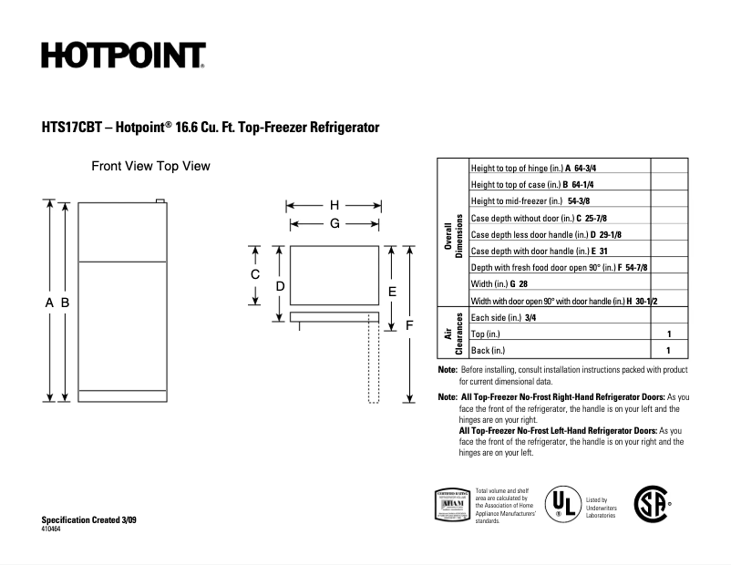 Page n°1 - Fiche technique Hotpoint HTS17CBTWW