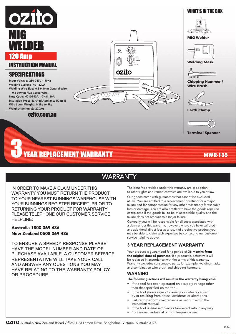 Page 1 de la notice Manuel utilisateur Ozito MWR-135