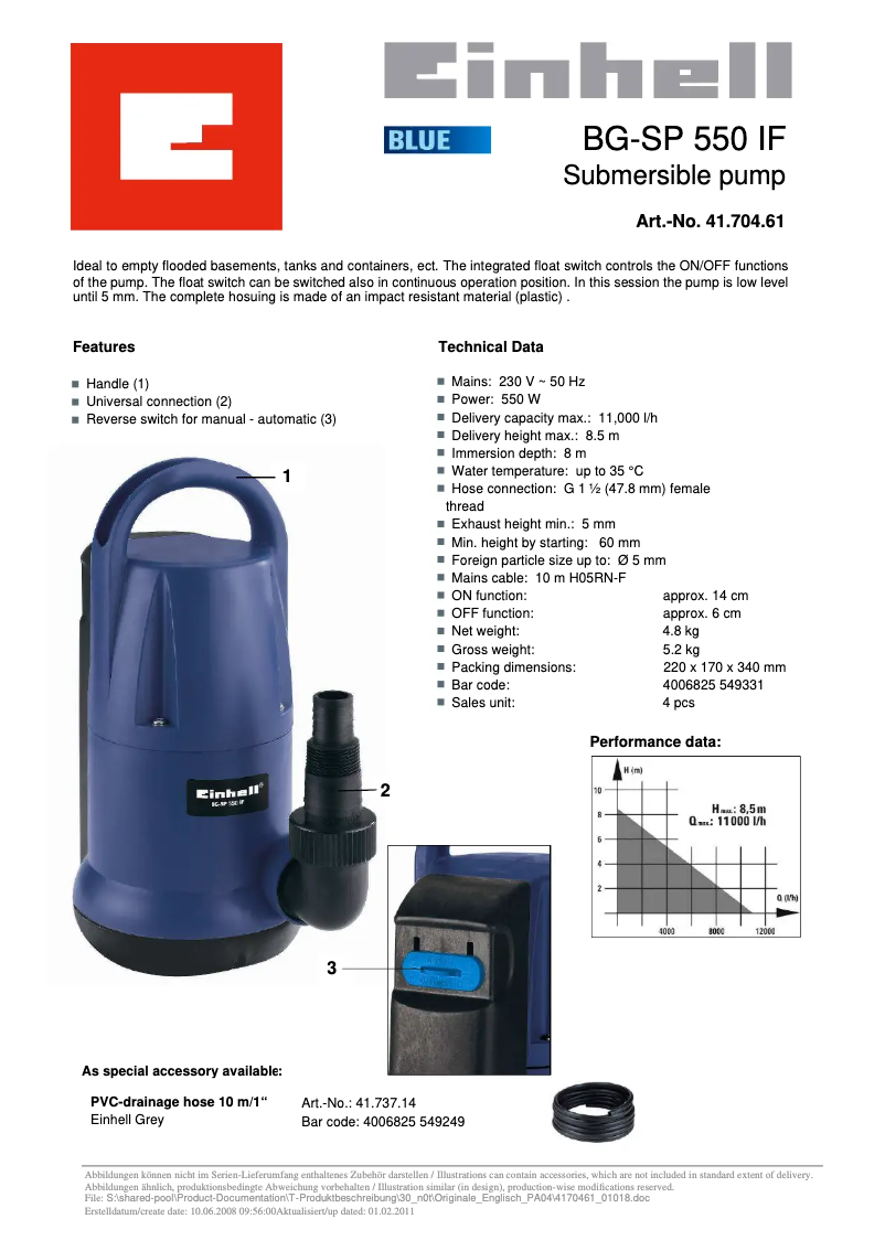 Page n°1 - Fiche technique Einhell BG-SP 550 IF