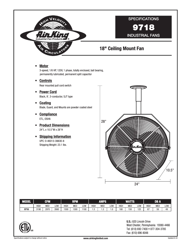 Page 1 de la notice Fiche technique Air King 9718