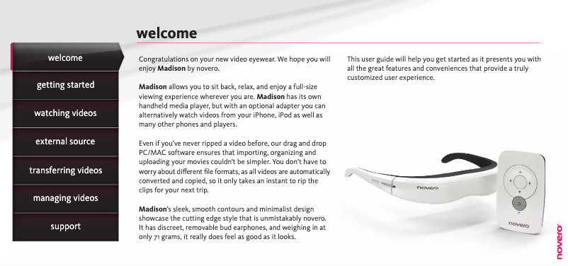 Image de la première page du manuel de l'appareil Madison Video Eyewear