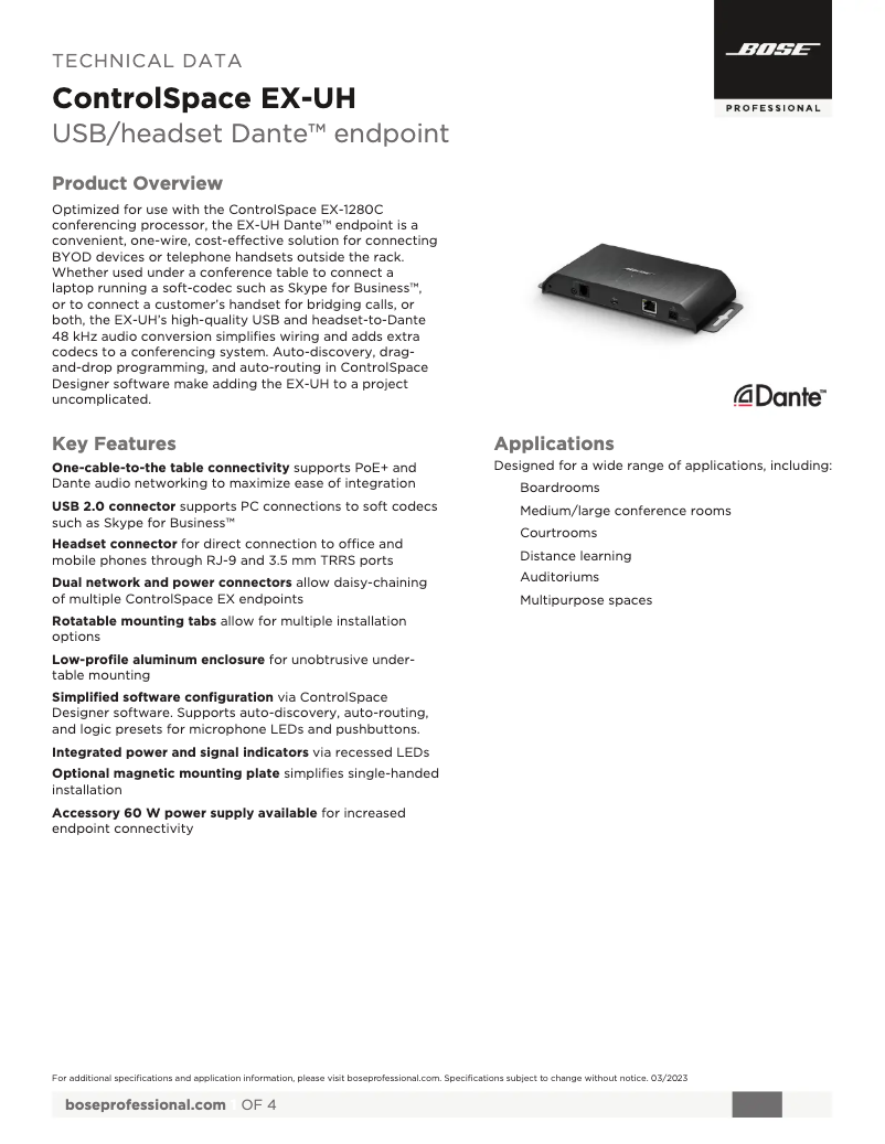 Page 1 de la notice Fiche technique Bose ControlSpace EX-UH