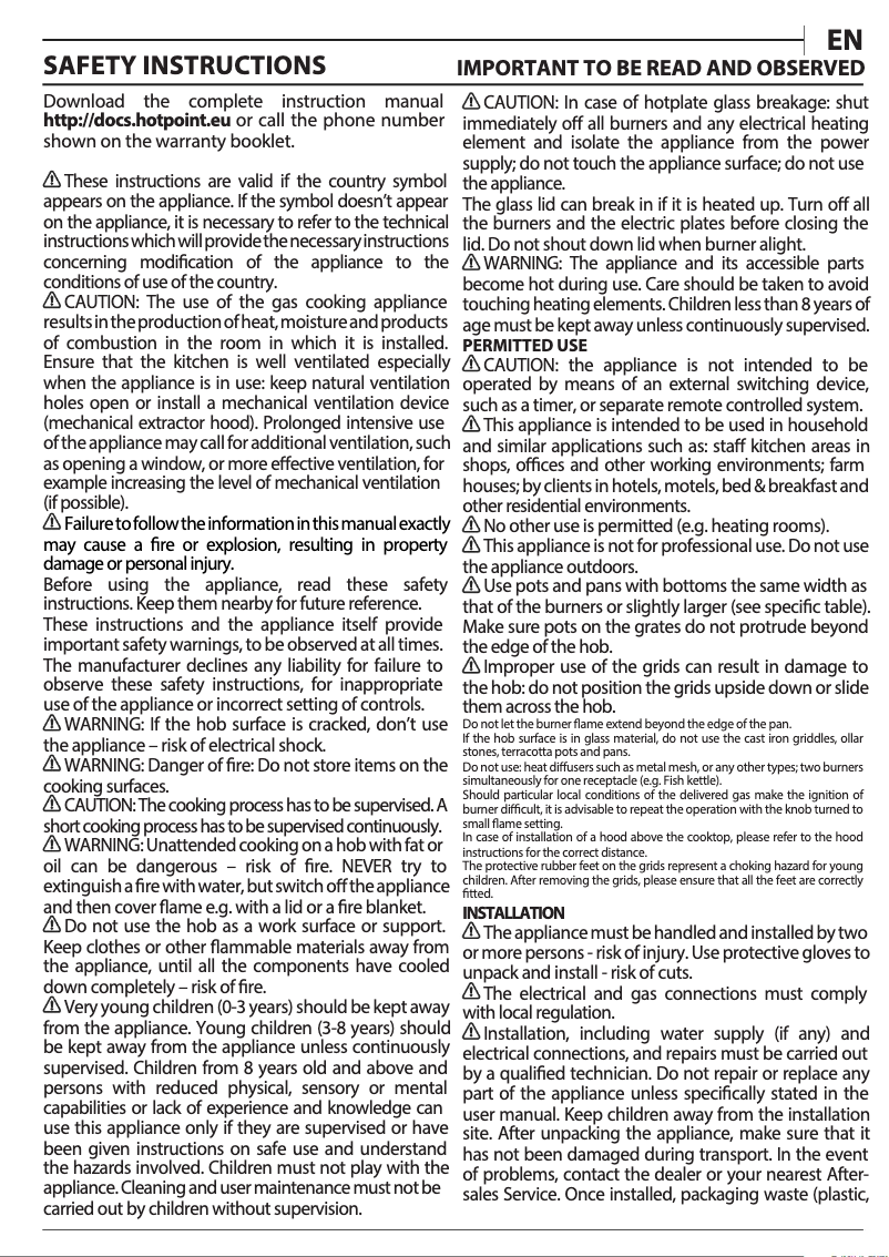 Page 1 de la notice Manuel utilisateur Hotpoint PPH 60G DF