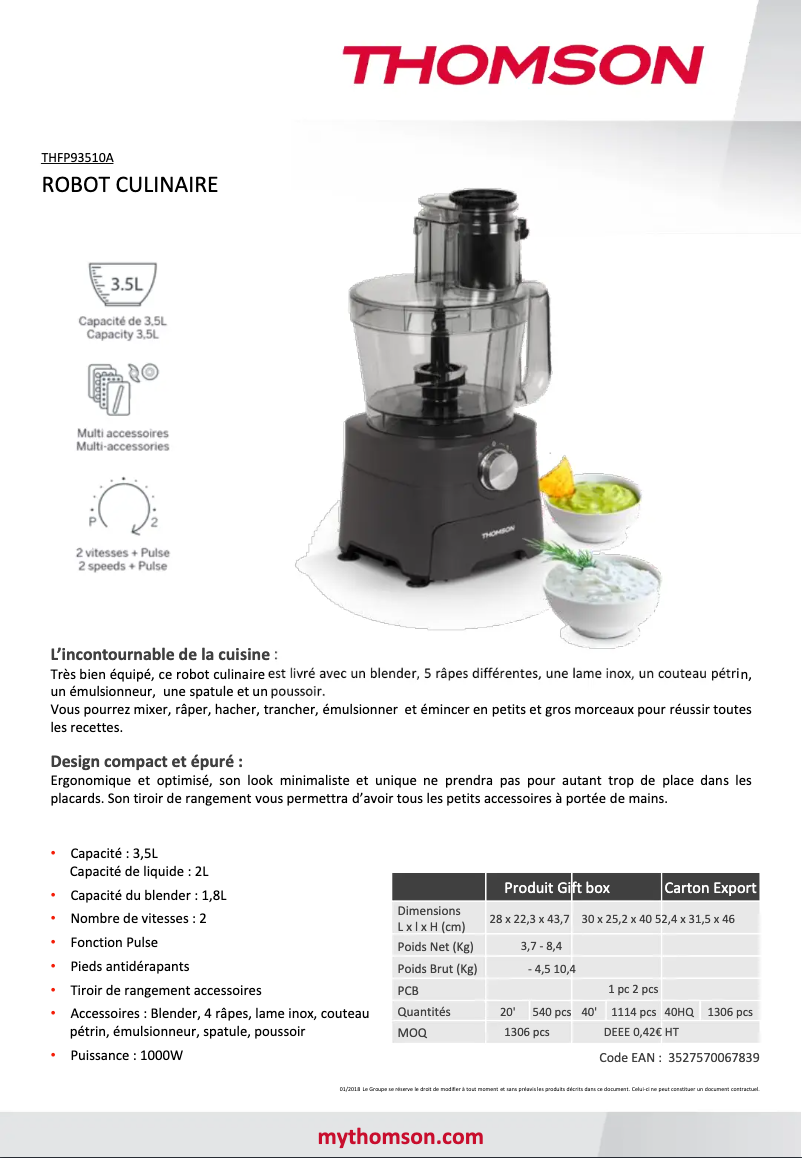 Page 1 de la notice Fiche technique Thomson THFP93510A