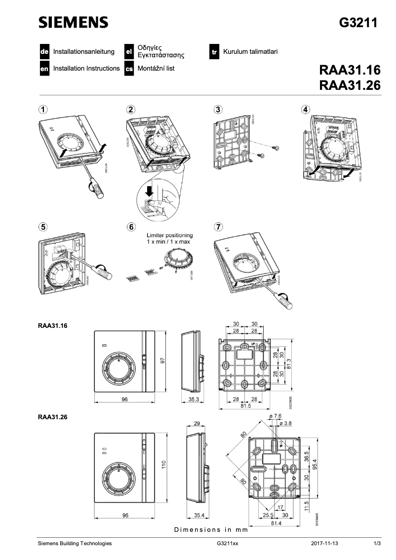 Page 1 de la notice Manuel utilisateur Siemens RAA31.16