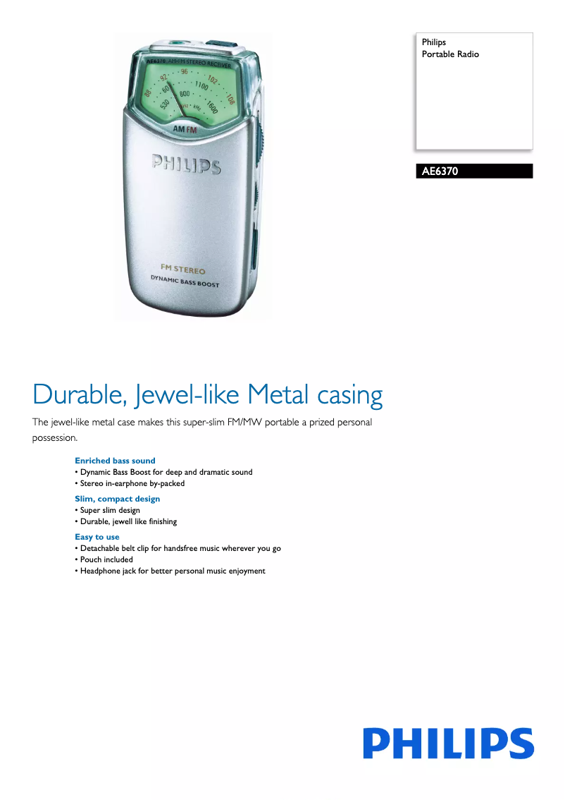 Page 1 de la notice Fiche technique Philips AE6370