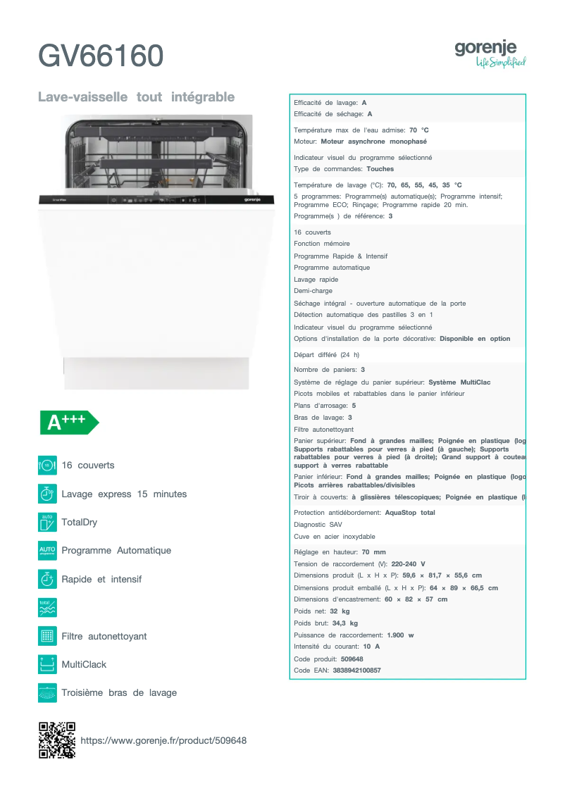 Page n°1 - Fiche technique Gorenje GV66160