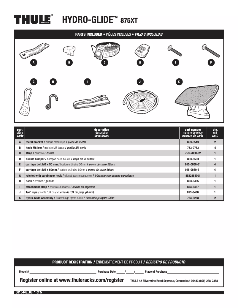 Page 1 de la notice Manuel utilisateur Thule Hydro-Glide 875XT