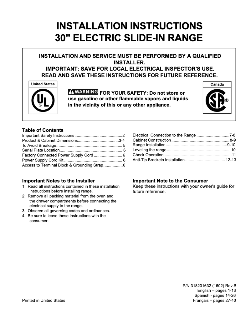 Page n°1 - Manuel utilisateur Frigidaire FGES3065PB