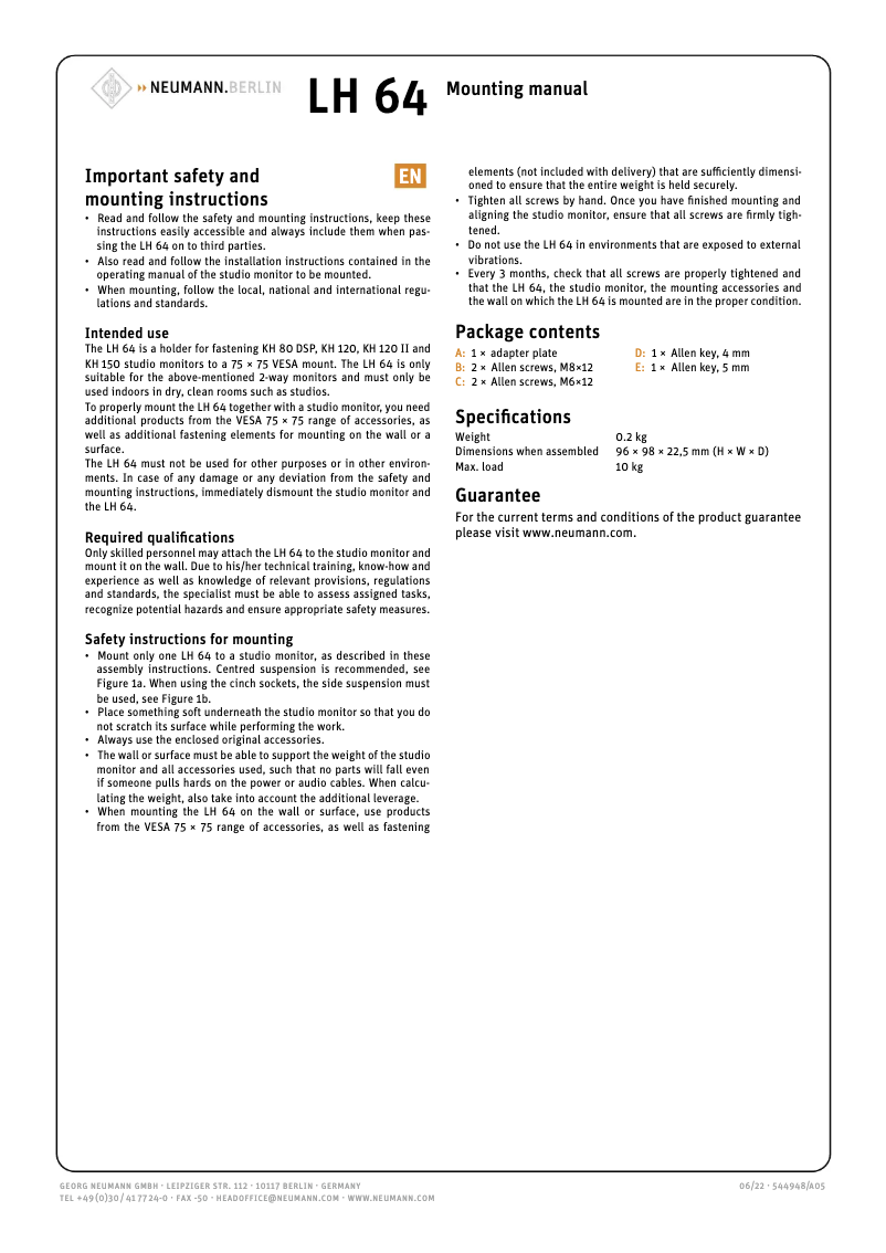 Page n°1 - Manuel utilisateur Neumann LH 64