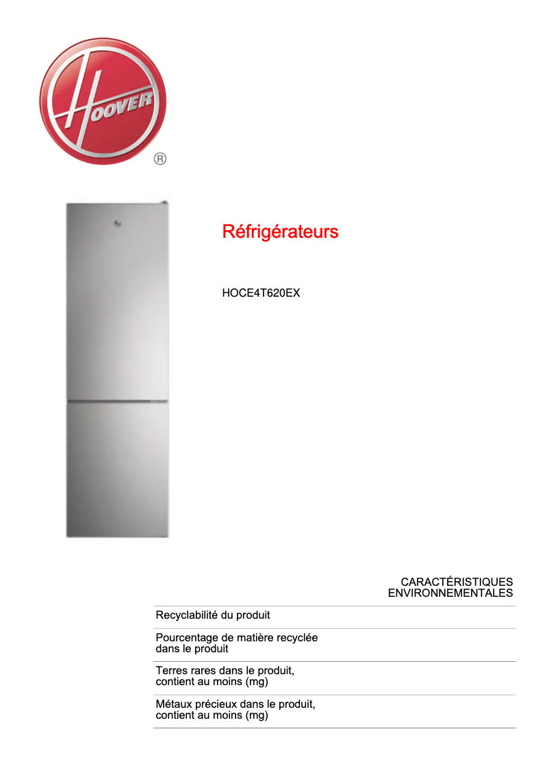 Page n°1 - Fiche technique Hoover HOCE4T620EX