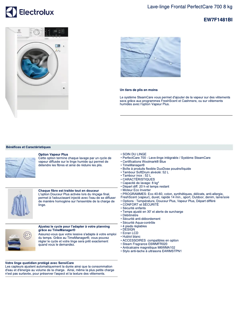 Page 1 de la notice Fiche technique Electrolux EW7F1481BI