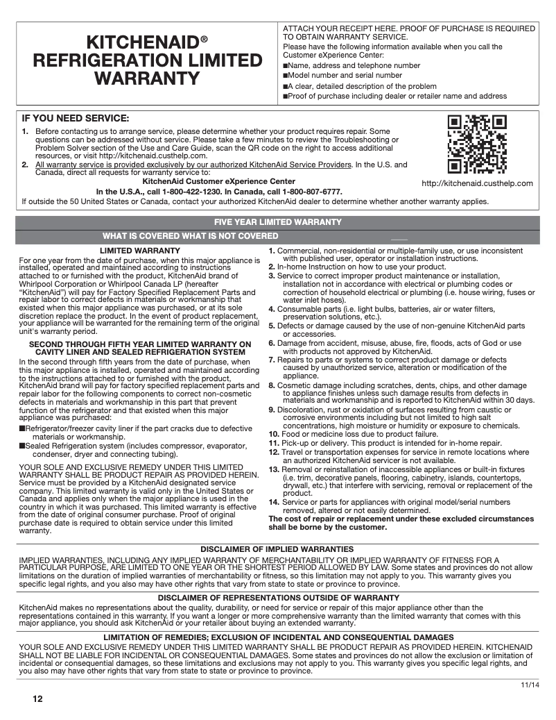 Page 1 de la notice Informations de garantie KitchenAid KUBR304EBS