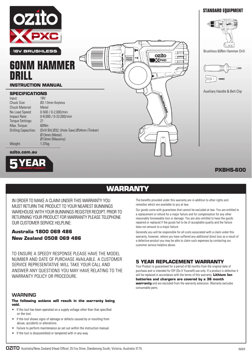 Page 1 de la notice Manuel utilisateur Ozito PXBHS-600