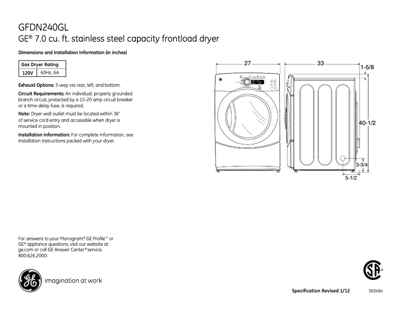 Page 1 of the manual Technical Sheet GE GFDN245GLMV