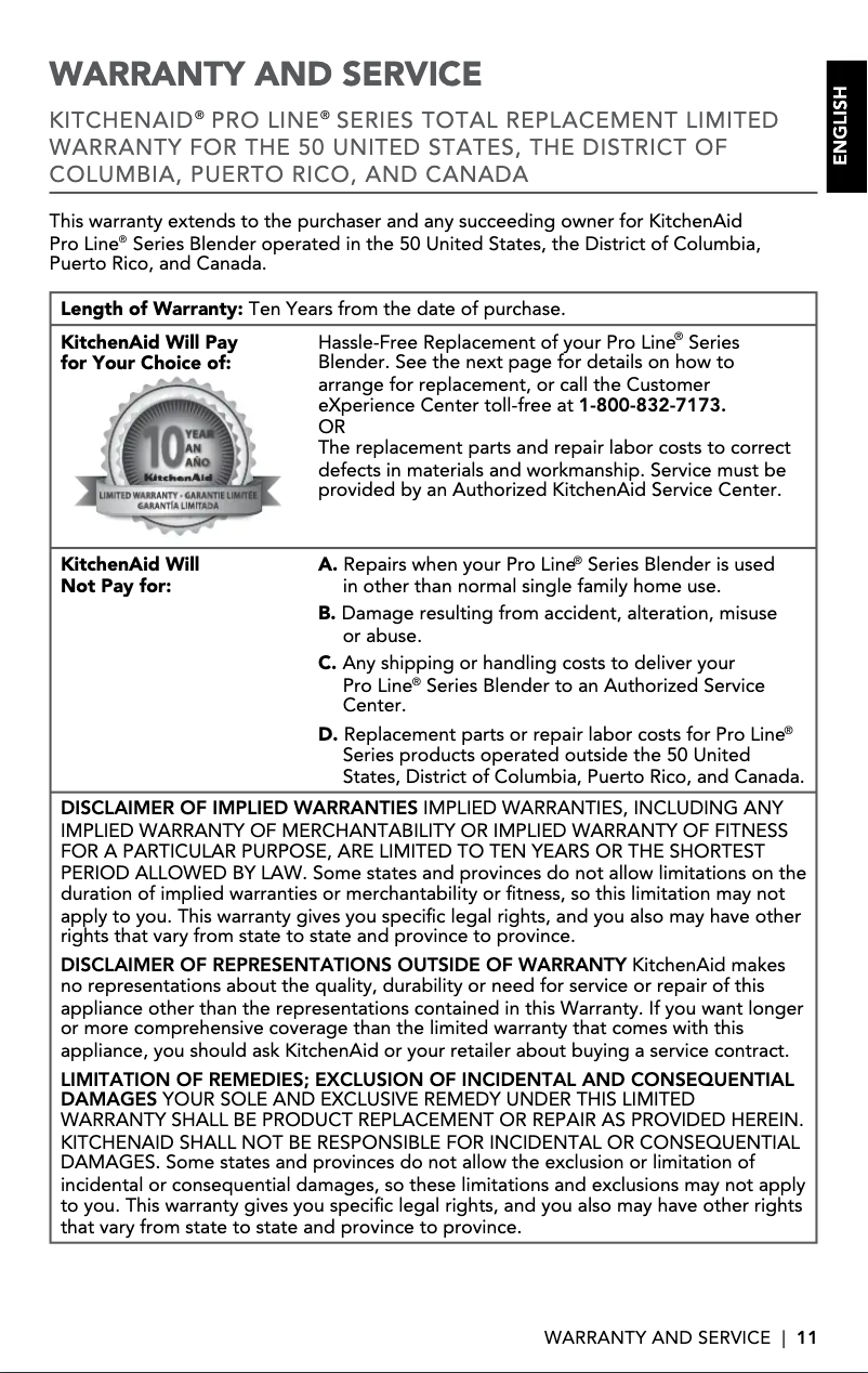 Page 1 de la notice Informations de garantie KitchenAid KSB8270SR