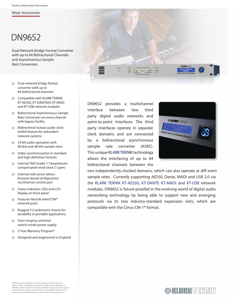 Page 1 de la notice Fiche technique Klark Teknik DN9652