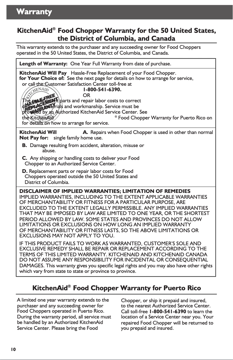 Page 1 de la notice Informations de garantie KitchenAid KFC3511WM