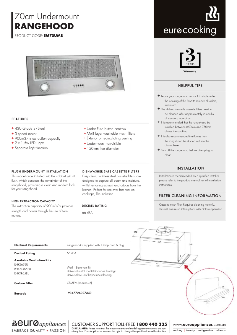 Page 1 de la notice Fiche technique Euro Appliances EM70UMS