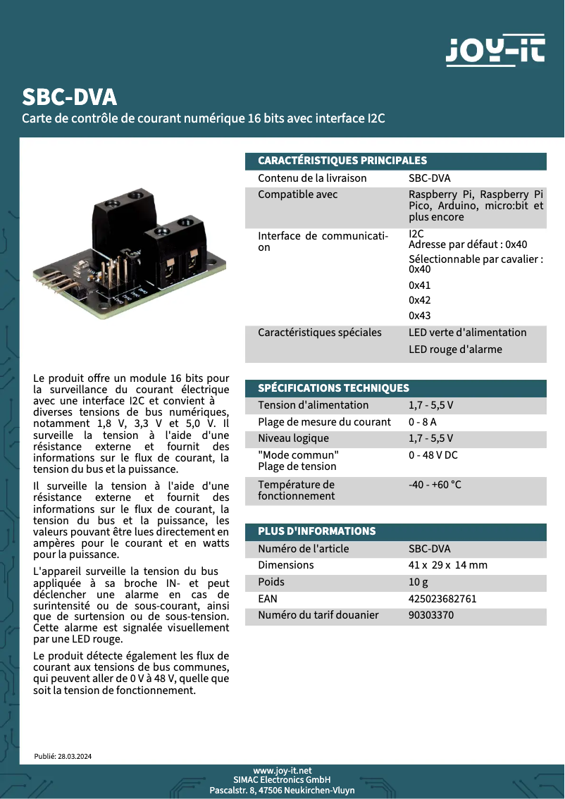 Page 1 of the manual Technical Sheet Joy-It SBC-DVA