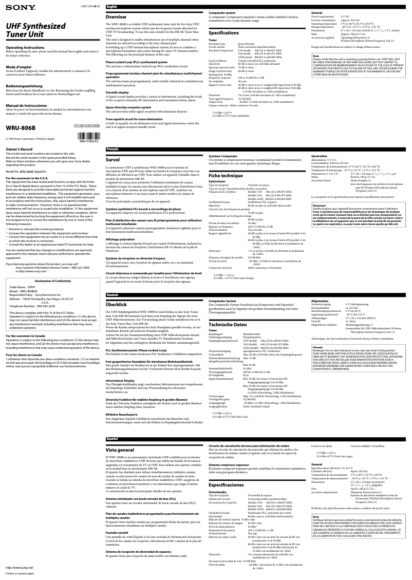 Page n°1 - Manuel utilisateur Sony WRU-806B