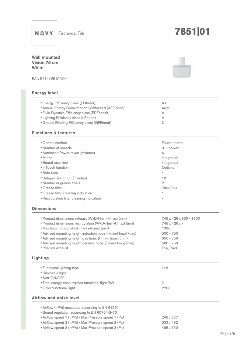 Page 1 de la notice Fiche technique Novy Vision 7851