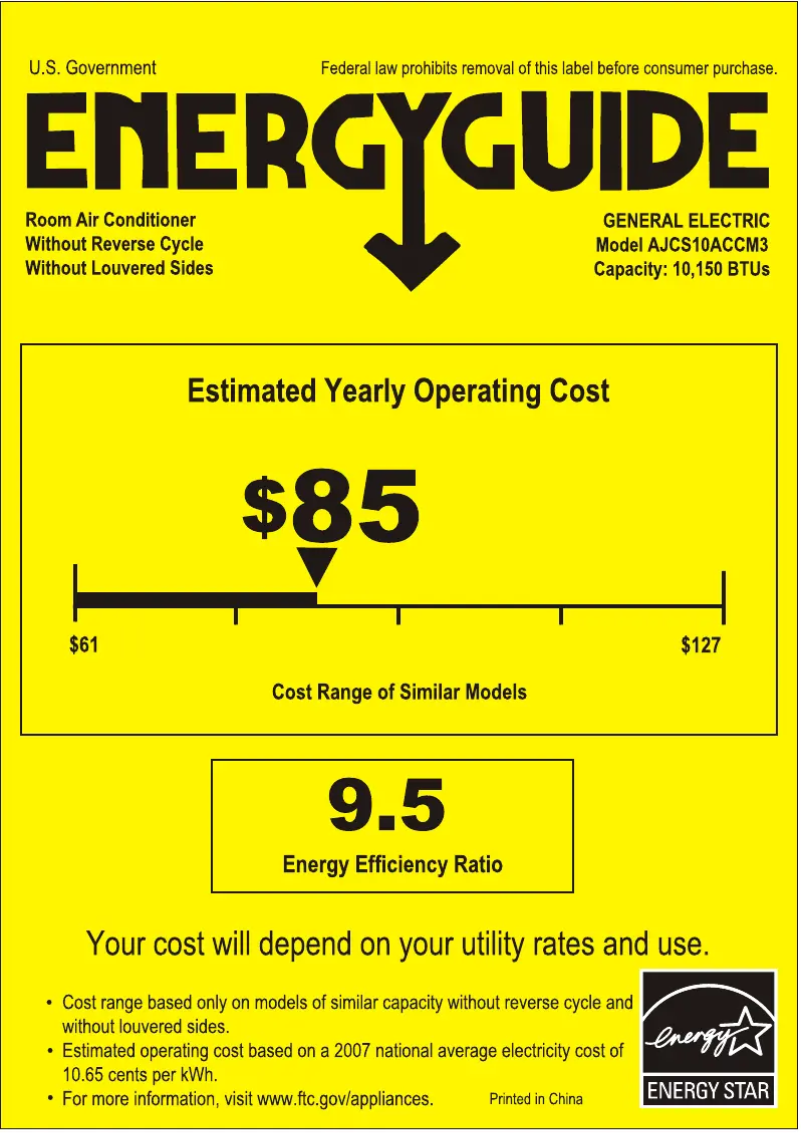 Page 1 de la notice Label énergétique GE AJCS10ACC