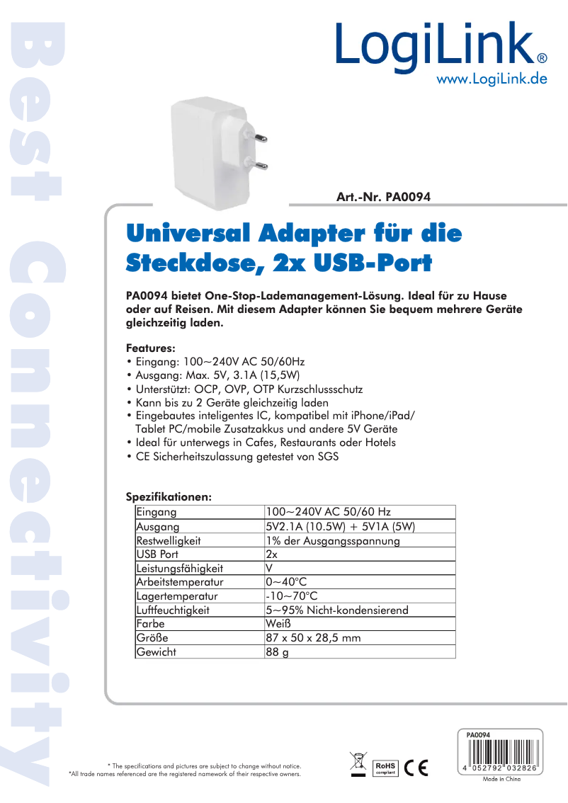 Page 1 de la notice Manuel utilisateur LogiLink PA0094